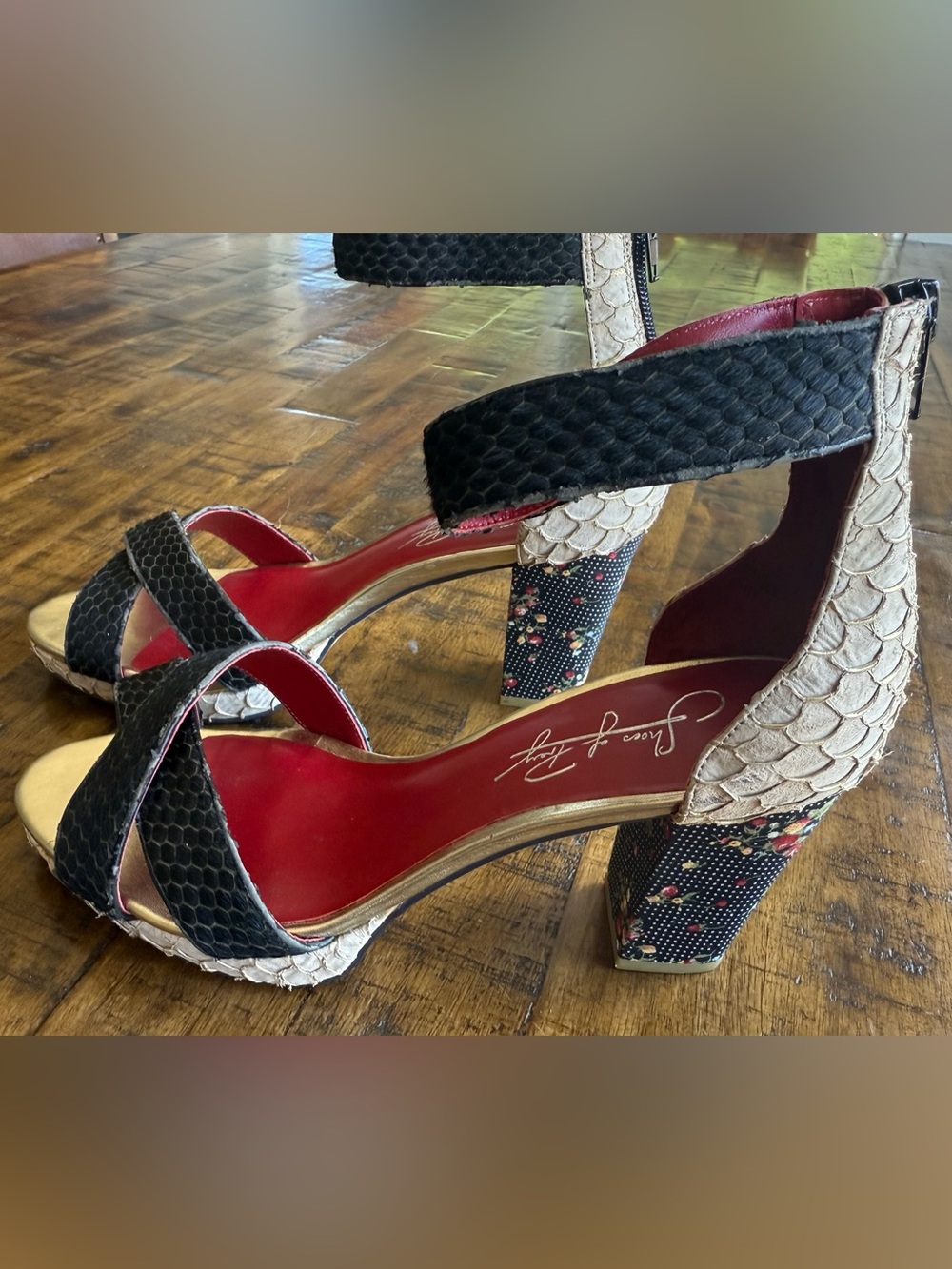 Rare Custom Shoes of Prey Snakeskin Floral Block Heels Faux Fur EU39/US8.5–9